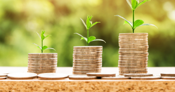 Coins stacked in increasing height with small green plants growing from the top, symbolizing energy savings and financial growth in relation to reducing energy bills.