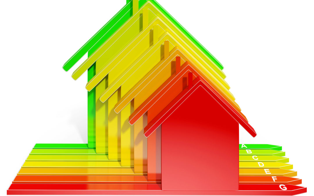 Colorful energy efficiency rating scale with stacked house icons in green, yellow, orange, and red, illustrating energy classifications relevant to energy production and usage.