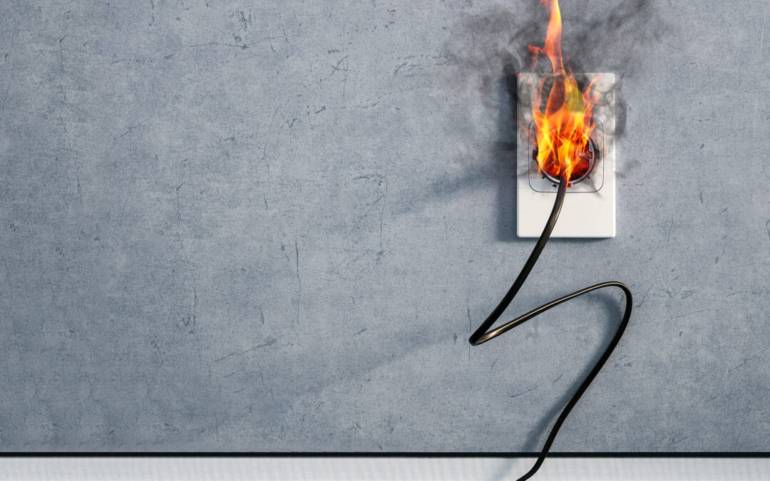 Burning outlet with power cord, showcasing urgent electrical fire safety issues. Kazar’s Electric warns against hazards.
