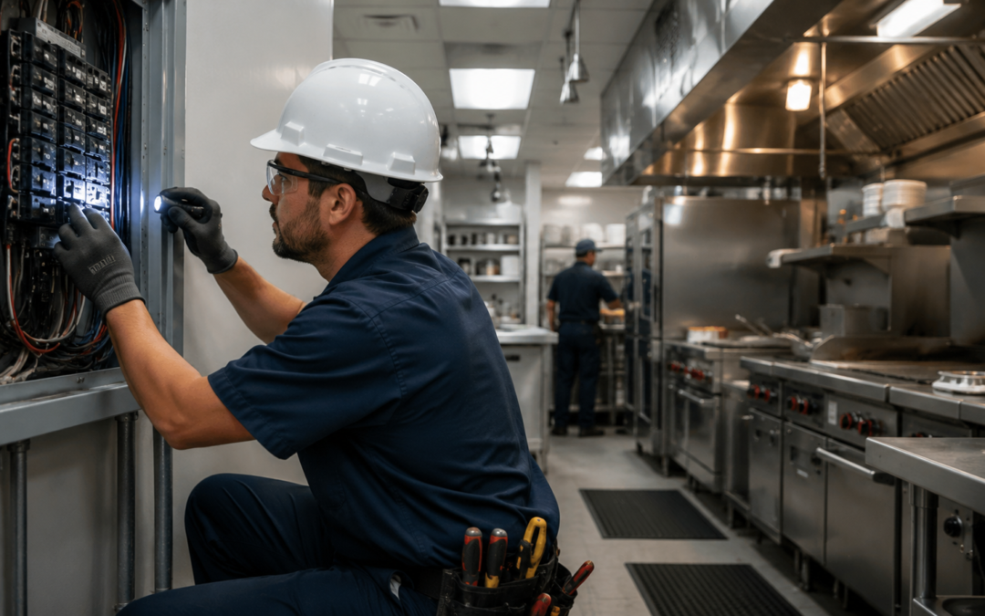 Emergency electrician performing restaurant electrical service inspection for commercial kitchen safety and power reliability