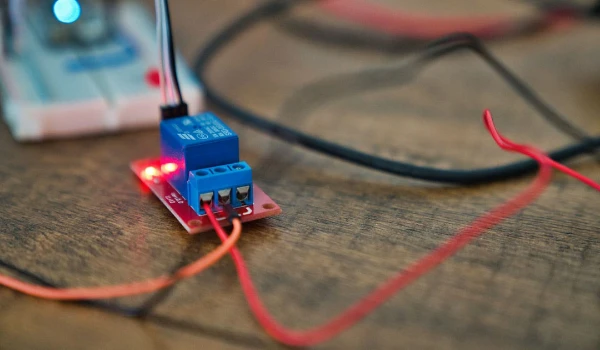 Electrical relay module with red indicator light and connected wires on wooden surface, illustrating components relevant to electrical contracting and repair services.