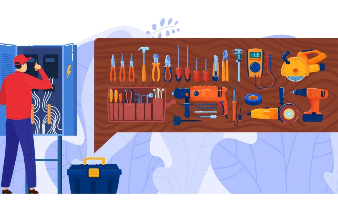 Electrician working on a circuit panel with various tools displayed, including pliers, screwdrivers, and power tools, emphasizing the importance of qualified electrical services.