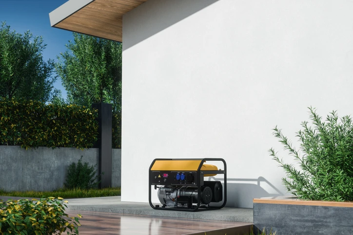 Residential generator positioned outside a modern home, highlighting electrical backup solutions for power outages.