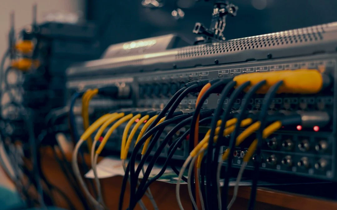 Cabling and wiring setup featuring multiple connectors and cables, illustrating essential components for electrical installations in homes and offices.